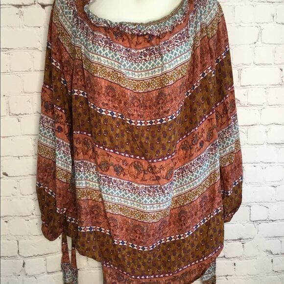 Beach lunch lounge Off Shoulder Rust Print Blouse Boho - Picture 8 of 10